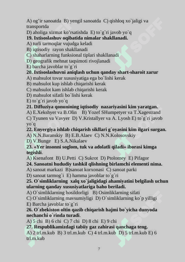 geografiya iqtisodiy test javobi bilan 7