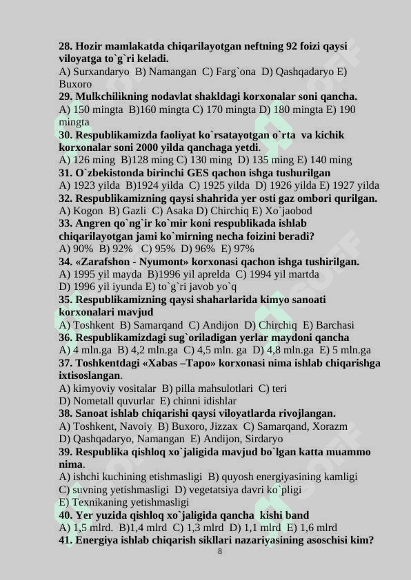 geografiya iqtisodiy test javobi bilan 8