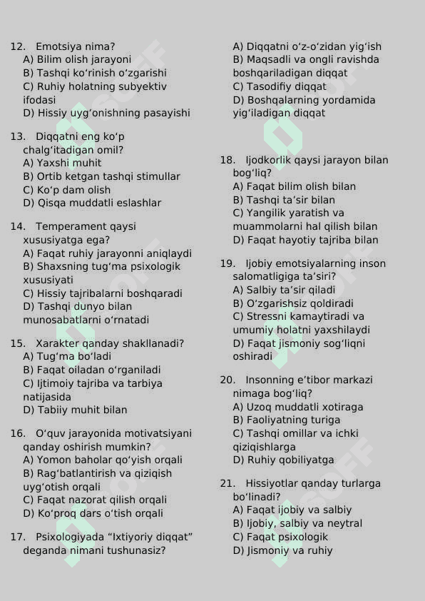 Psixologiya fanidan testlar 2