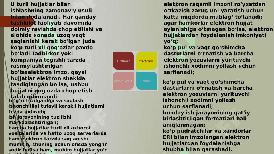 Elektron hujjat mavzusida SWOT tahlilini o'tkazish 2