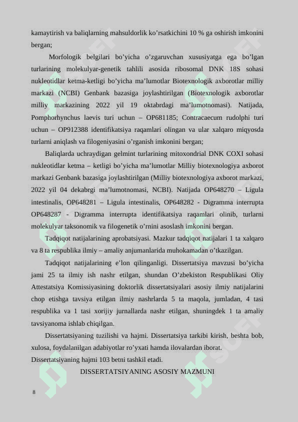 Suv havzalari baliqlari gelmintlarining ekologik-faunistik tavsifi 8