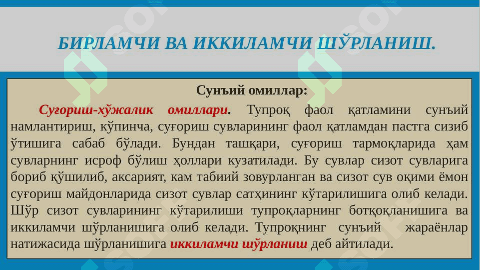 Суғориладиган ерларнинг шўрланиш сабаблари 6
