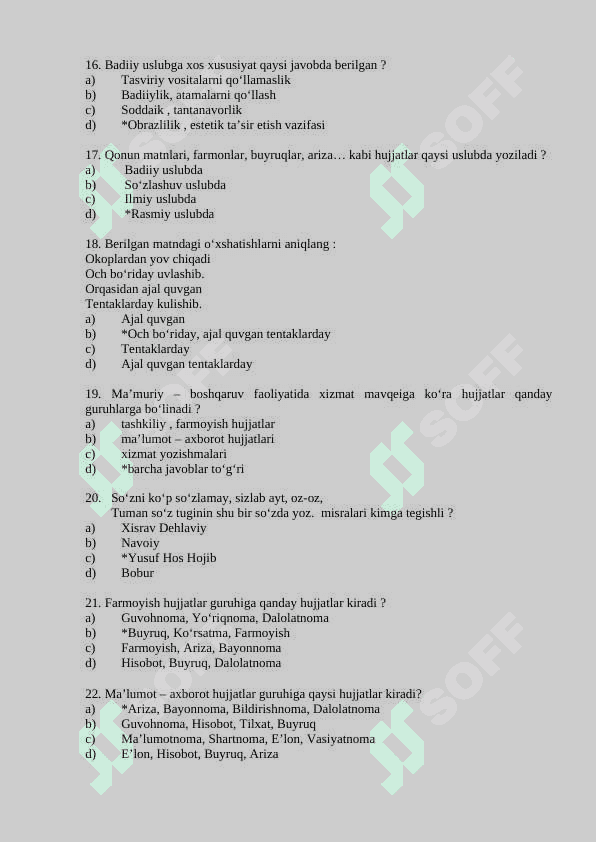 O‘ZBEK TILINING SOHADA QO‘LLANILISHI  FANIDAN TEST SAVOLLARI 3