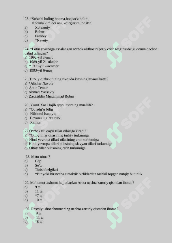 O‘ZBEK TILINING SOHADA QO‘LLANILISHI  FANIDAN TEST SAVOLLARI 4