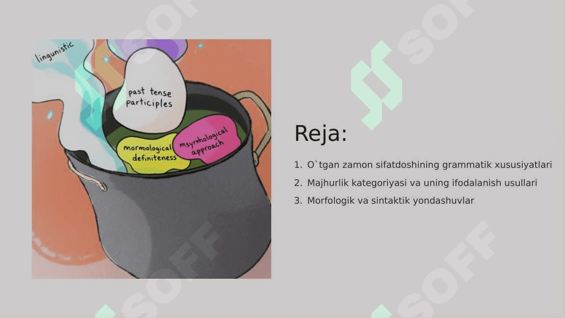 Anatomik va gistalogik nomenklaturalarida qo'llaniladigan otgan zamon sifatdoshining majhurlik nisbati. (sercumflexsus-egilgan, perfarantus-teshilgan) 2