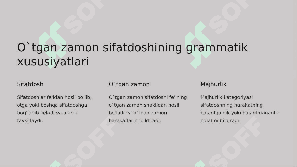 Anatomik va gistalogik nomenklaturalarida qo'llaniladigan otgan zamon sifatdoshining majhurlik nisbati. (sercumflexsus-egilgan, perfarantus-teshilgan) 3