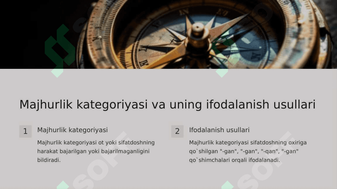 Anatomik va gistalogik nomenklaturalarida qo'llaniladigan otgan zamon sifatdoshining majhurlik nisbati. (sercumflexsus-egilgan, perfarantus-teshilgan) 4