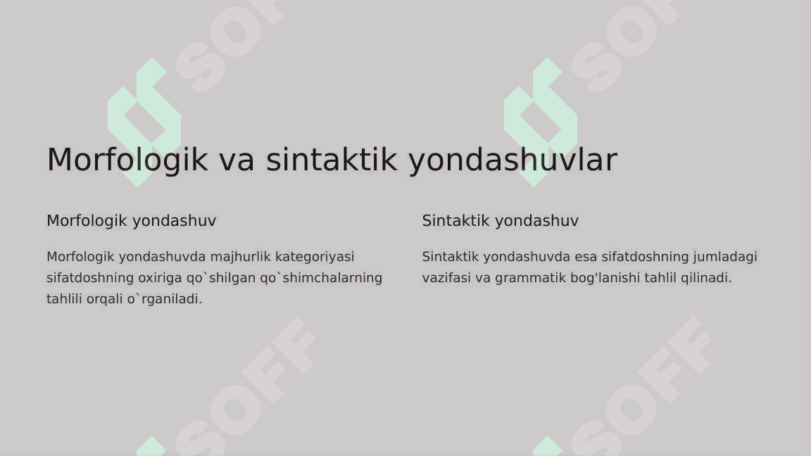 Anatomik va gistalogik nomenklaturalarida qo'llaniladigan otgan zamon sifatdoshining majhurlik nisbati. (sercumflexsus-egilgan, perfarantus-teshilgan) 5