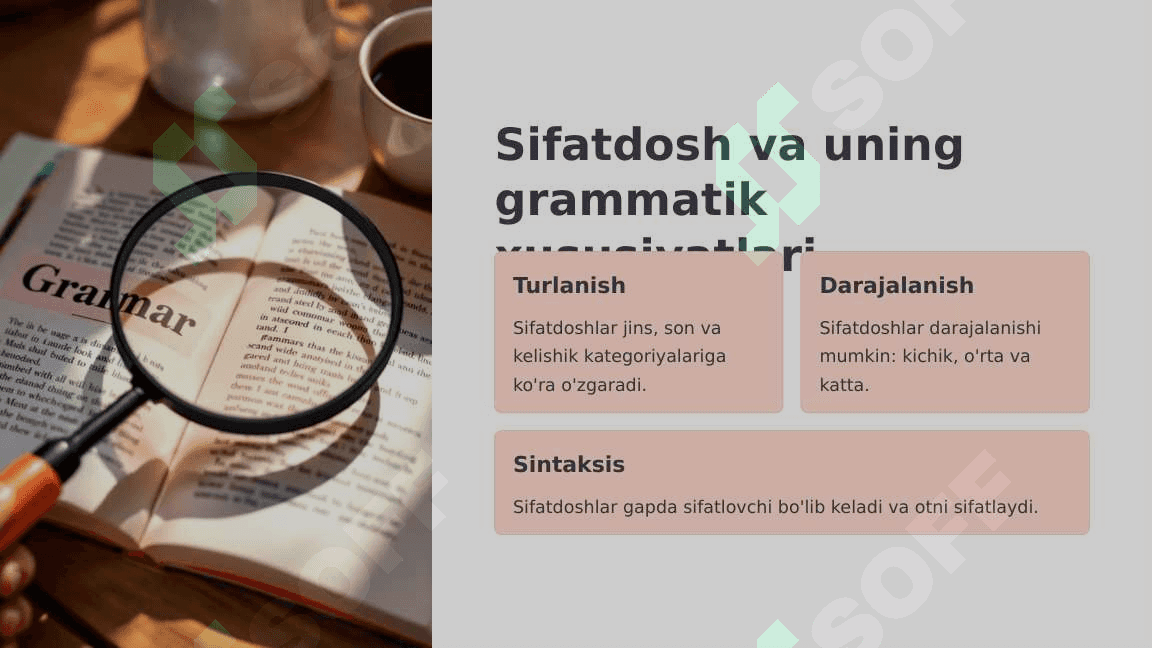 Anotomik va gistologik nomenklaturalarida qo`llanilgan hozirgi zamon sifatdoshining aniqlik nisbati. (abdusius-uzoqlashuvchi, perfarans-yoruluvchi) 5