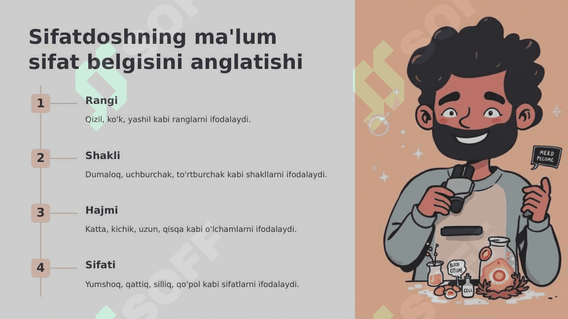 Anotomik va gistologik nomenklaturalarida qo`llanilgan hozirgi zamon sifatdoshining aniqlik nisbati. (abdusius-uzoqlashuvchi, perfarans-yoruluvchi) 7
