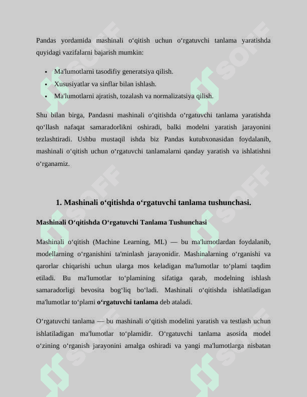Mashinali o’qitishda o’rgatuvchi tanlanmani generatsiya qilish funksiyalari (pandas paketi). 5