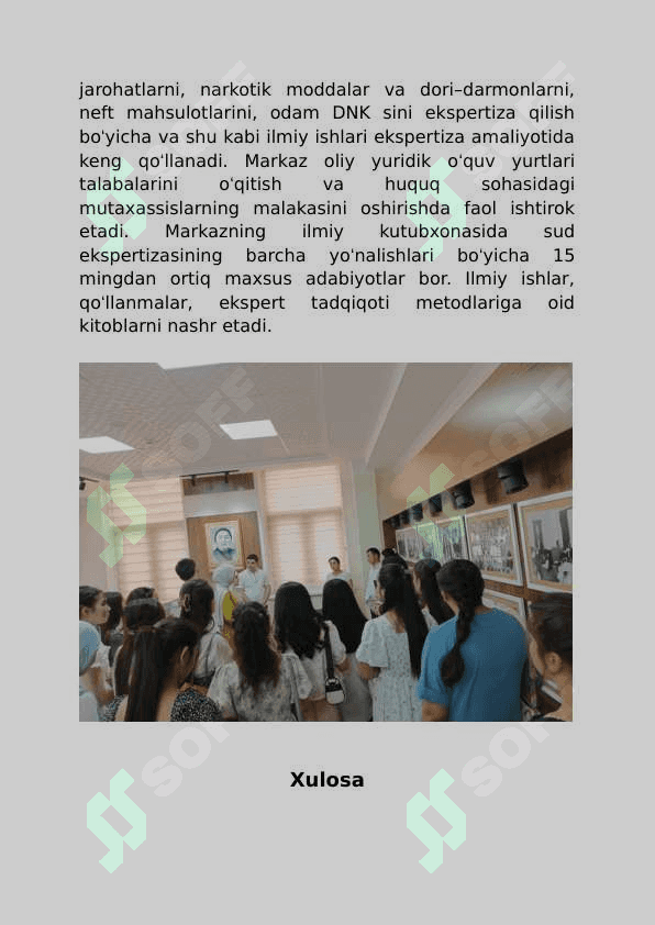 TOSHDO‘TAU O‘zbek filologiyasi fakulteti amaliy filologiya yo’nalishi talabasi tanishuv amaliyotini o’tash vaqtida X.Sulaymonova nomidagi Respublika sud ekspertiza o’tagan amaliyotidan 3