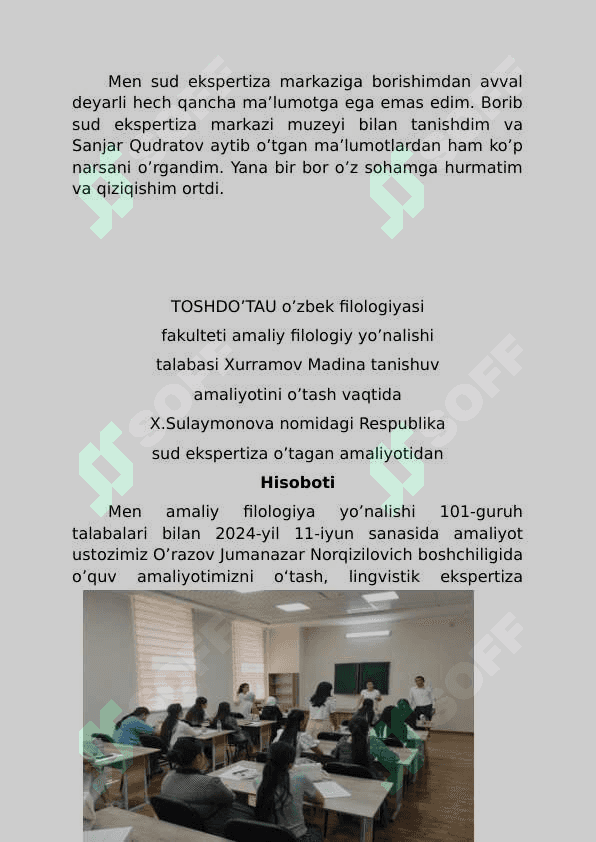 TOSHDO‘TAU O‘zbek filologiyasi fakulteti amaliy filologiya yo’nalishi talabasi tanishuv amaliyotini o’tash vaqtida X.Sulaymonova nomidagi Respublika sud ekspertiza o’tagan amaliyotidan 4