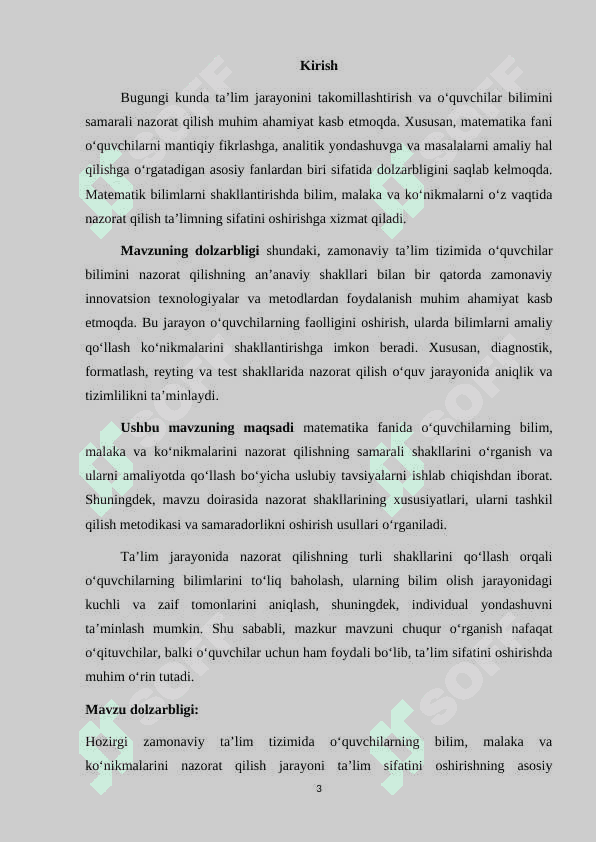 Matematika fanlaridan o‘quvchilar bilim, malaka va ko‘nikmalarini nazorat qilish shakllari kurs ishi 3