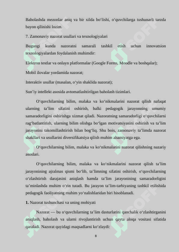 Matematika fanlaridan o‘quvchilar bilim, malaka va ko‘nikmalarini nazorat qilish shakllari kurs ishi 8