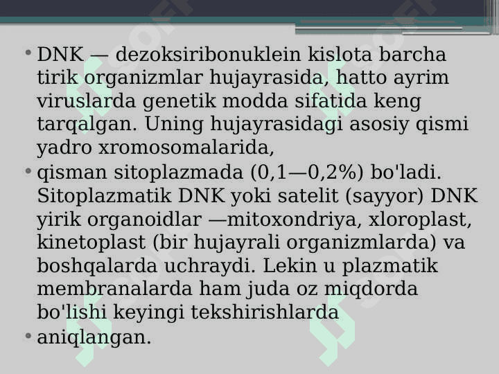 Nuklein kislotalar va DNK va RNK biosintezi. Irsiy ma'lumotlarni uzatish. DNK va irsiyat, DNK biosintezi (replikatsiya). DNK polimeraza.  RNK biosintezi (transkripsiya).  Ribosomal, transport va informatsion RNKlar va ularning biosintezi. i-RNK misolida RNKning yetilishi. 6