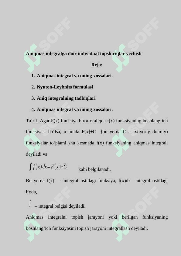 Aniqmas integralga doir individual topshiriqlar yechish 2