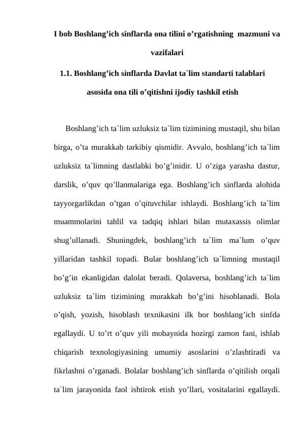 Boshlang’ich sinflarda ona tilini o’rgatishning  mazmuni va vazifalari