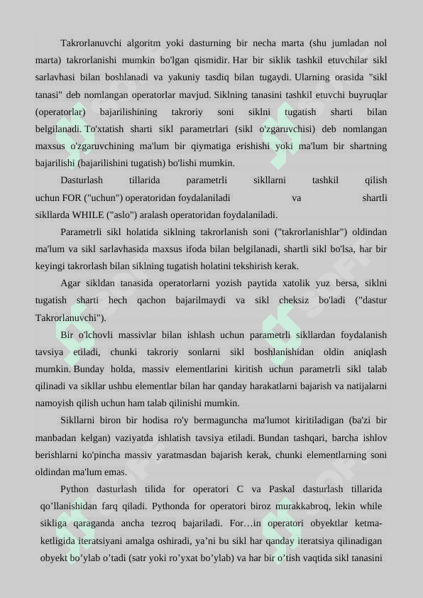 Python dasturlash tilida sikllar. While takrorlash operatori, for takrorlash operatori. 3