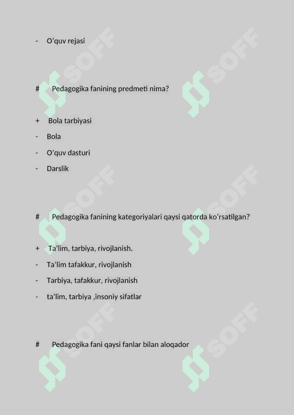 Pedagogikadan test savollari javoblari bilan 3
