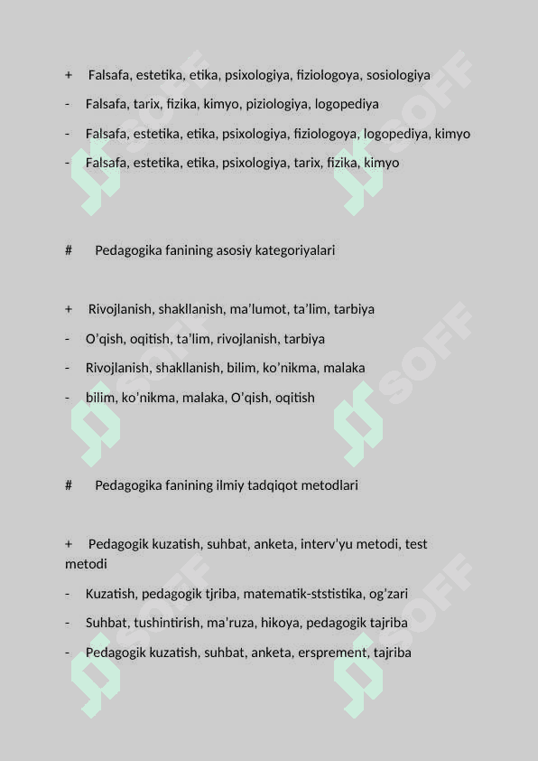 Pedagogikadan test savollari javoblari bilan 4