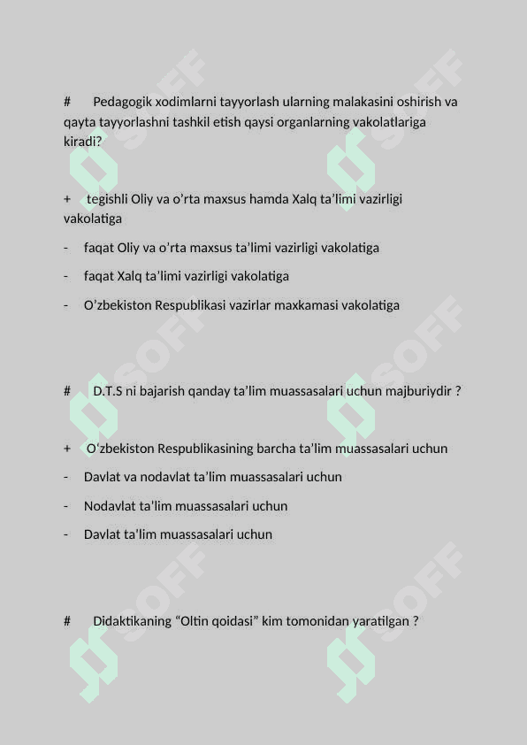 Pedagogikadan test savollari javoblari bilan 7
