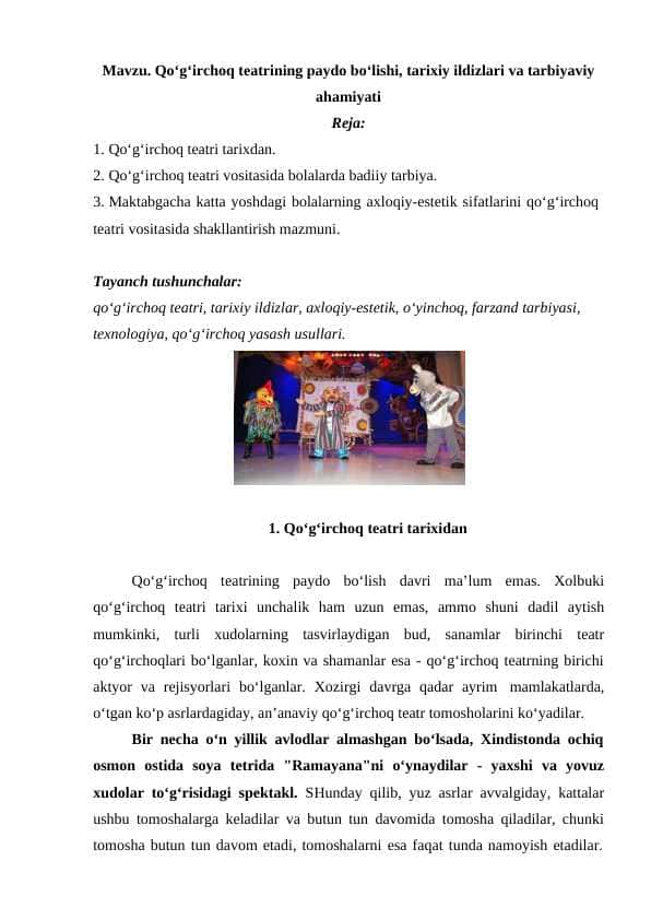 Qo‘g‘irchoq teatrining paydo bo‘lishi, tarixiy ildizlari va tarbiyaviy ahamiyati