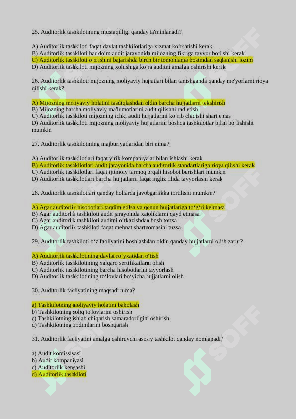 AUDIT VA TURDOSH XIZMATLAR FANIDAN YAKUNIY SAVOLLARI JAVOBLARI BILAN YANGI 4