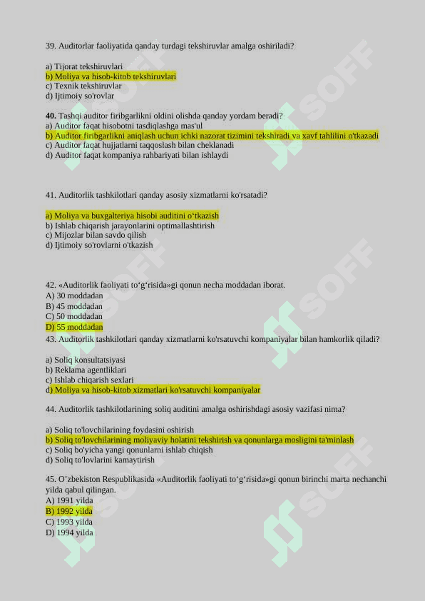 AUDIT VA TURDOSH XIZMATLAR FANIDAN YAKUNIY SAVOLLARI JAVOBLARI BILAN YANGI 6