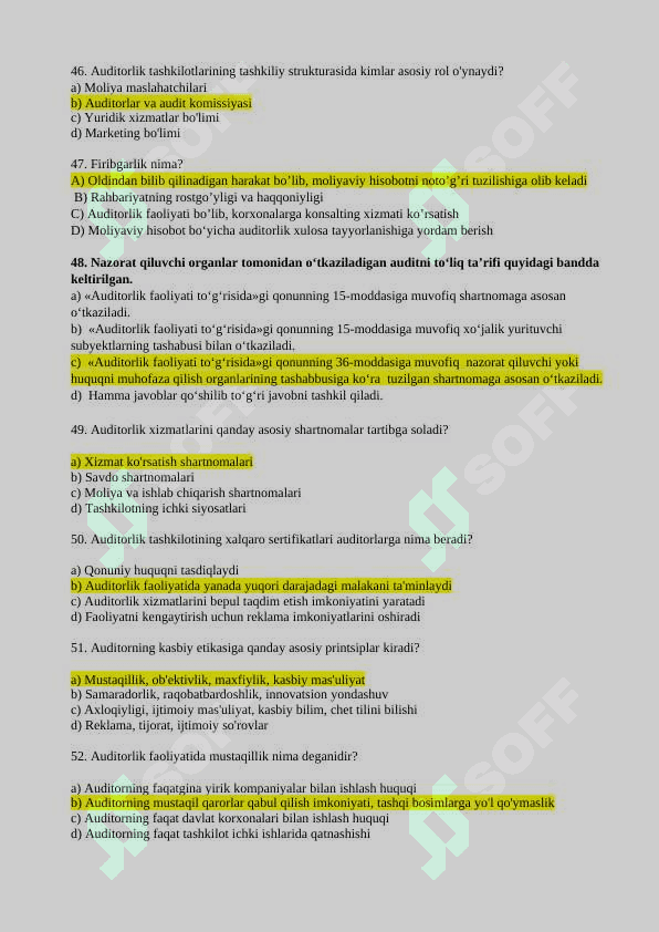 AUDIT VA TURDOSH XIZMATLAR FANIDAN YAKUNIY SAVOLLARI JAVOBLARI BILAN YANGI 7