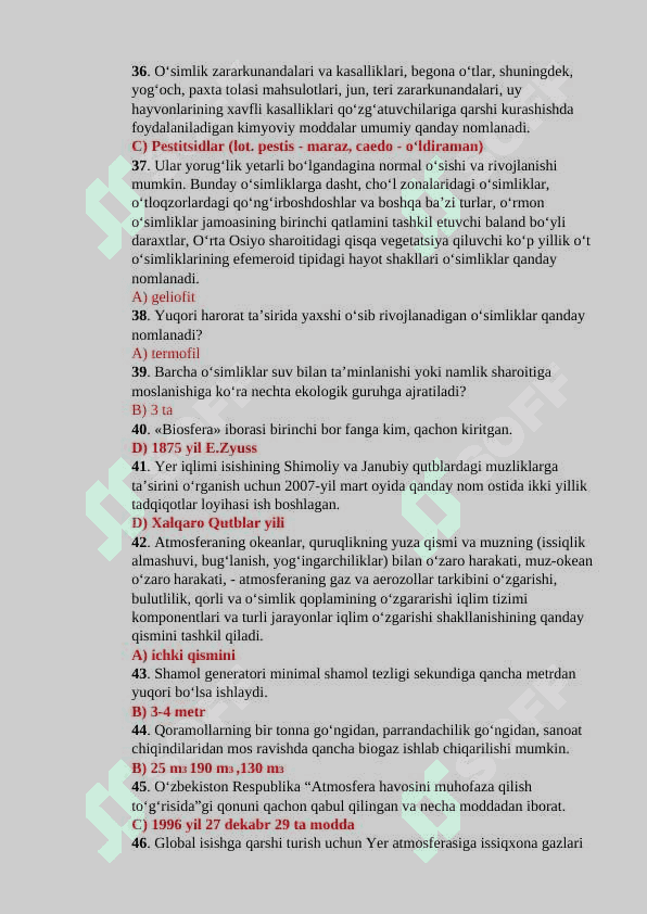 Ekologiya va atrof muhitni himoya qilish fanidan yakuniy savollari javoblari 4
