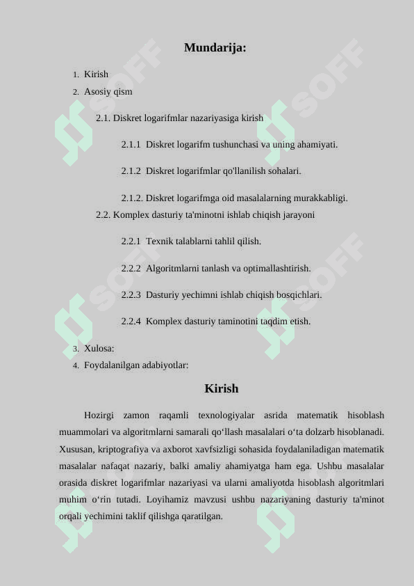 Diskret logarifmlashni amalga oshiruvchi komplex dasturiy taminot ishlab 2