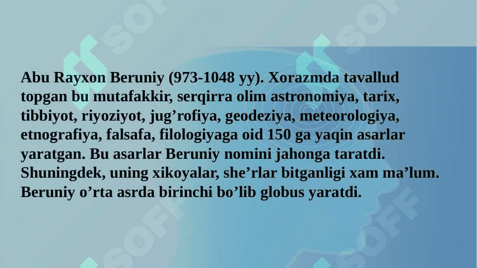 9-12 asrlarda mamlakatimiz hududlarida madaniy uygʻonish (reasans) buyuk allomalarning jahon sivilizatsiyasiga qoʻshgan hissasi 8