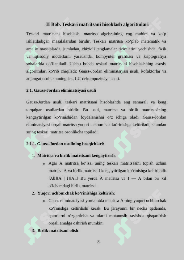 Teskari matritsa... . Teskari matritsani hisoblash algoritmi 8