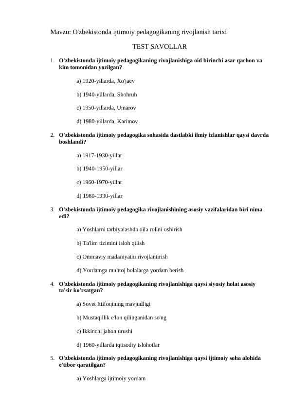 O'zbekistonda ijtimoiy pedagogikaning rivojlanish tarixi