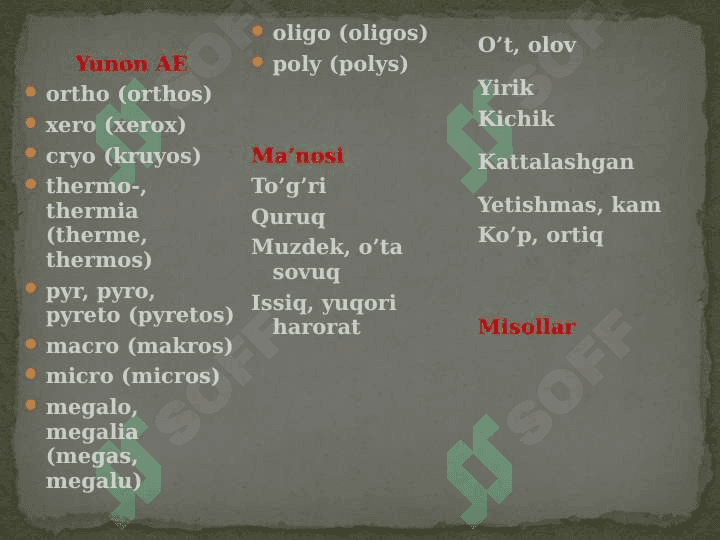 TURLI FIZIK XOSSALARI , XUSUSIYATI , SIFAT , ALOQASI VA BOSHQA BELGILARNI IFODALOVCHI YAKKA ATAMA ELEMENTLAR 4