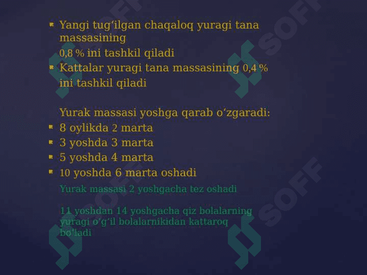 Bola rivojlanishida yurak xajmini o’zgarishi,yurak bo’shlig’i kengligi bilan qon tomirlar nisbati,ularning gemodinamik ko’rsatkichlarining ahamiyati 2