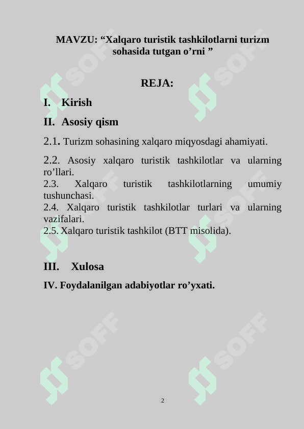 Xalqaro turistik tashkilotlarni turizm sohasida tutgan o’rni 2
