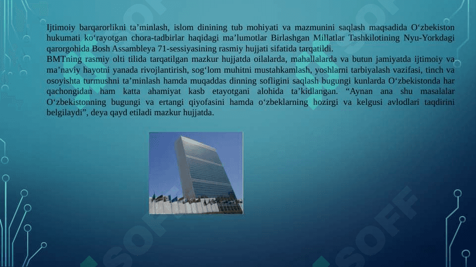 YoSHLARNI Diniy qadriyatlarga hurmat ruhida tarbiyalashda Sh.mirziyoyevning “ijtimoiy barqarorlikni ta`minlash,muqaddas dinimizning sofligini asrash – davr talabi “ mavzusidagi anjumanda so`zlagan nutqidan kelib chiqadigan ustuvor vazifalar 2