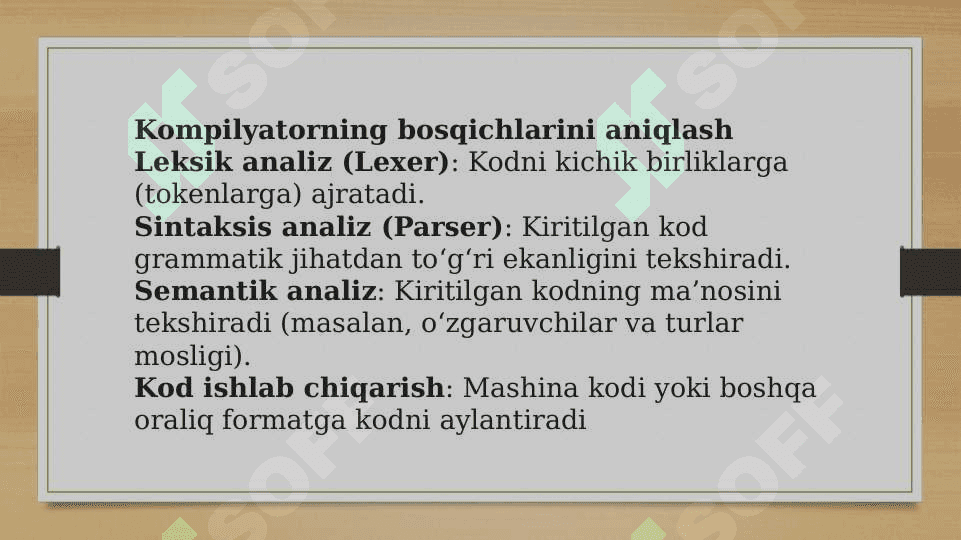 Mavzu: Dasturiy kodlarni tekshiruvchi kompilyator dasturini yaratish 3