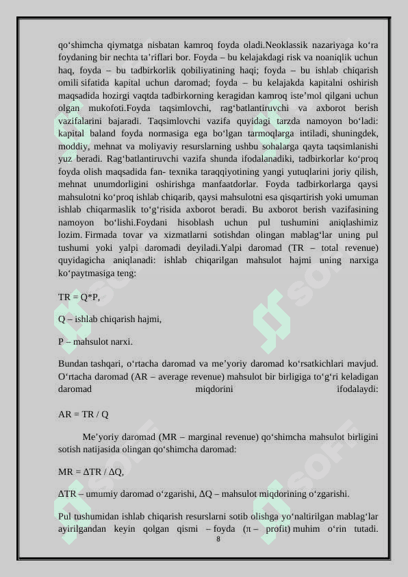 Foydani iqtisodiy mazmuni , uning turlari va unga ta’sir qiluvchi omillar 8