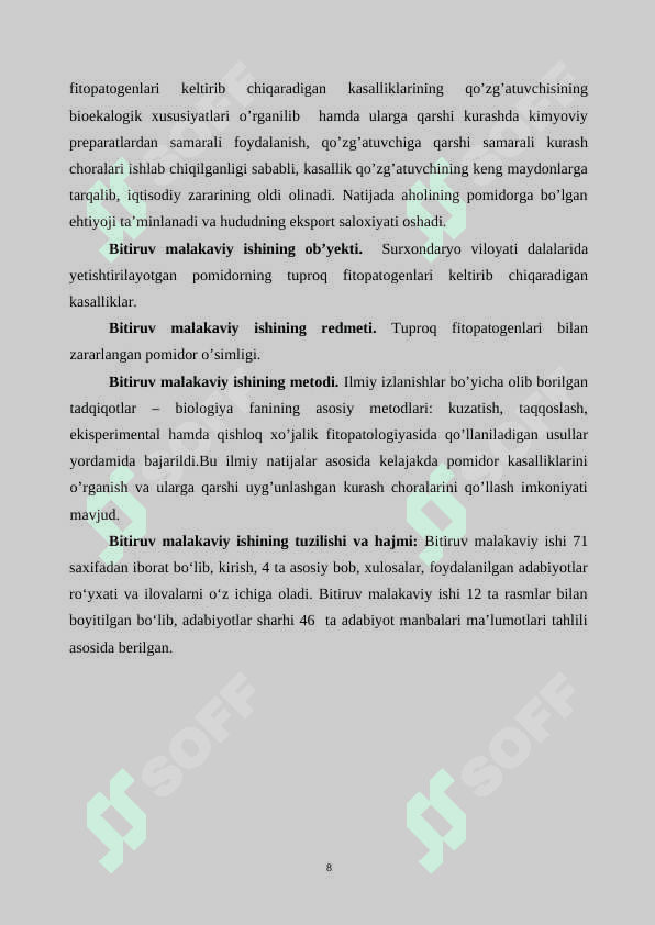 POMIDORNING TUPROQ FITOPATOGENLARI QO‘ZG‘ATADIGAN KASALLIKLARI VA ULARGA QARSHI KURASH CHORALARI 8