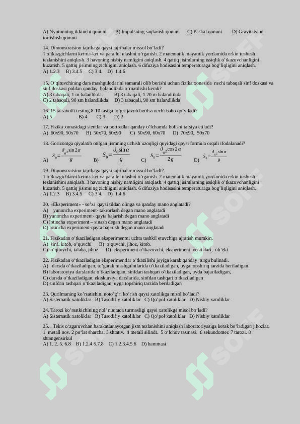 Maktab fizika kursidan tajriba o’tkazish metodikasi fanidan yakuniy  nazorat uchun test savollari 6