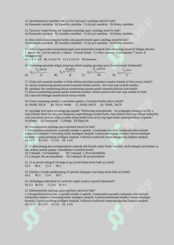 Maktab fizika kursidan tajriba o’tkazish metodikasi fanidan yakuniy  nazorat uchun test savollari 8