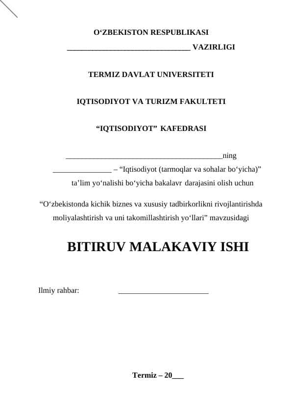O‘zbekistonda kichik biznes va xususiy tadbirkorlikni rivojlantirishda moliyalashtirish va uni takomillashtirish yo‘llari