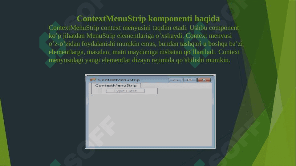 C# dasturlash tilida “ContextMenuStrip” komponenti yordamida dasturlar yaratish 6