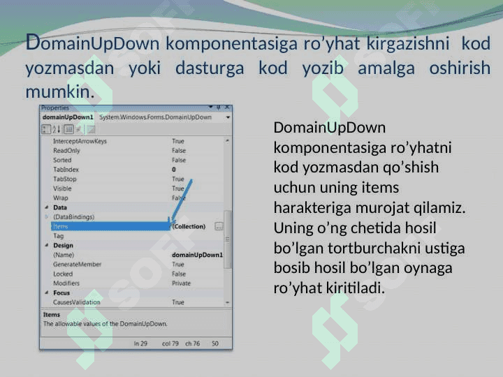 C# dasturlash tilida DomainUpDown komponentasi yordamida dasturlar yaratish 5