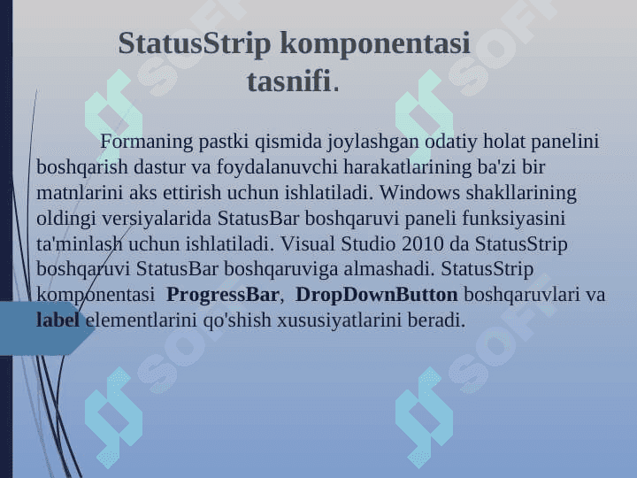 С# dasturlash tilida Status Strip komponentasi yordamida dasturlar yaratish 2