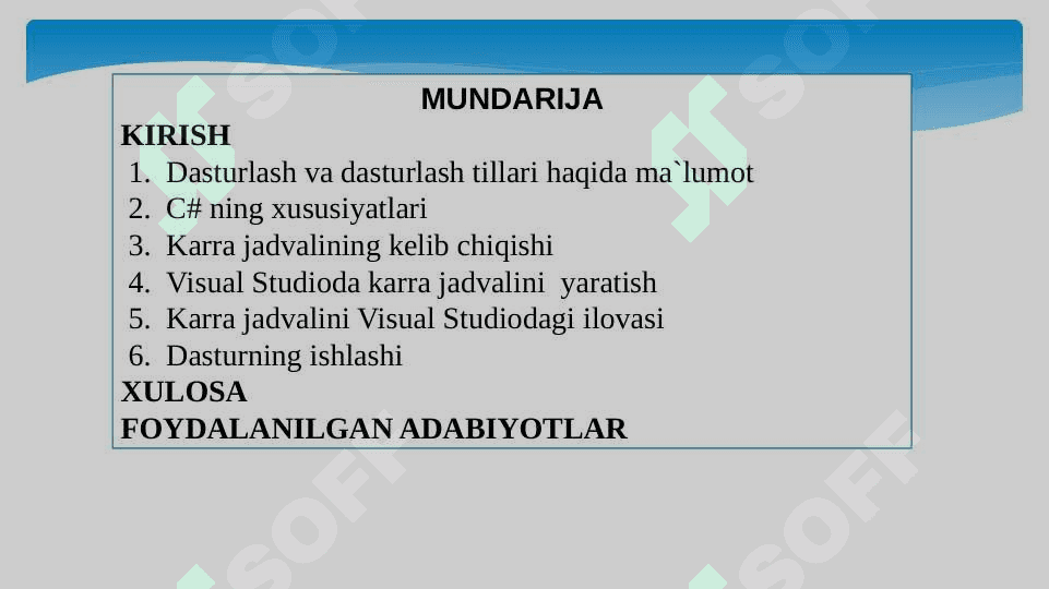 C# dasturlash tilida karra jadvalini o’rganishni nazorat qiluvchi dastur yaratish 2