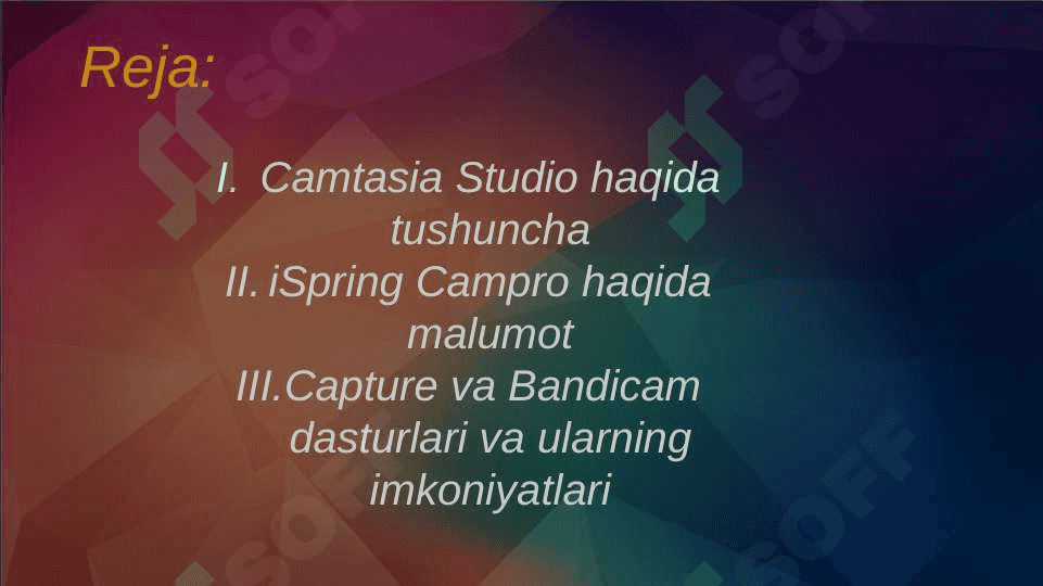 Camtasia Studio,iSpring Campro,Capture,Bandicam dasturlari va ularning imkoniyatlari 2